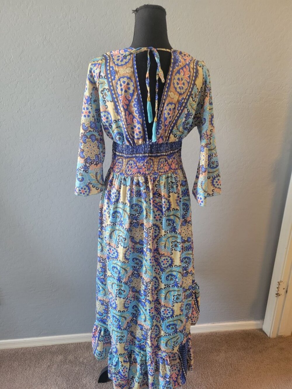 Mauni bohemian-Style dress vibrant blue paisley print smocked waist High Low - Picture 7 of 12